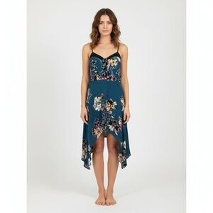 band of Gypsies teal fuchsia asymmetrical floral dress built-in bra size small